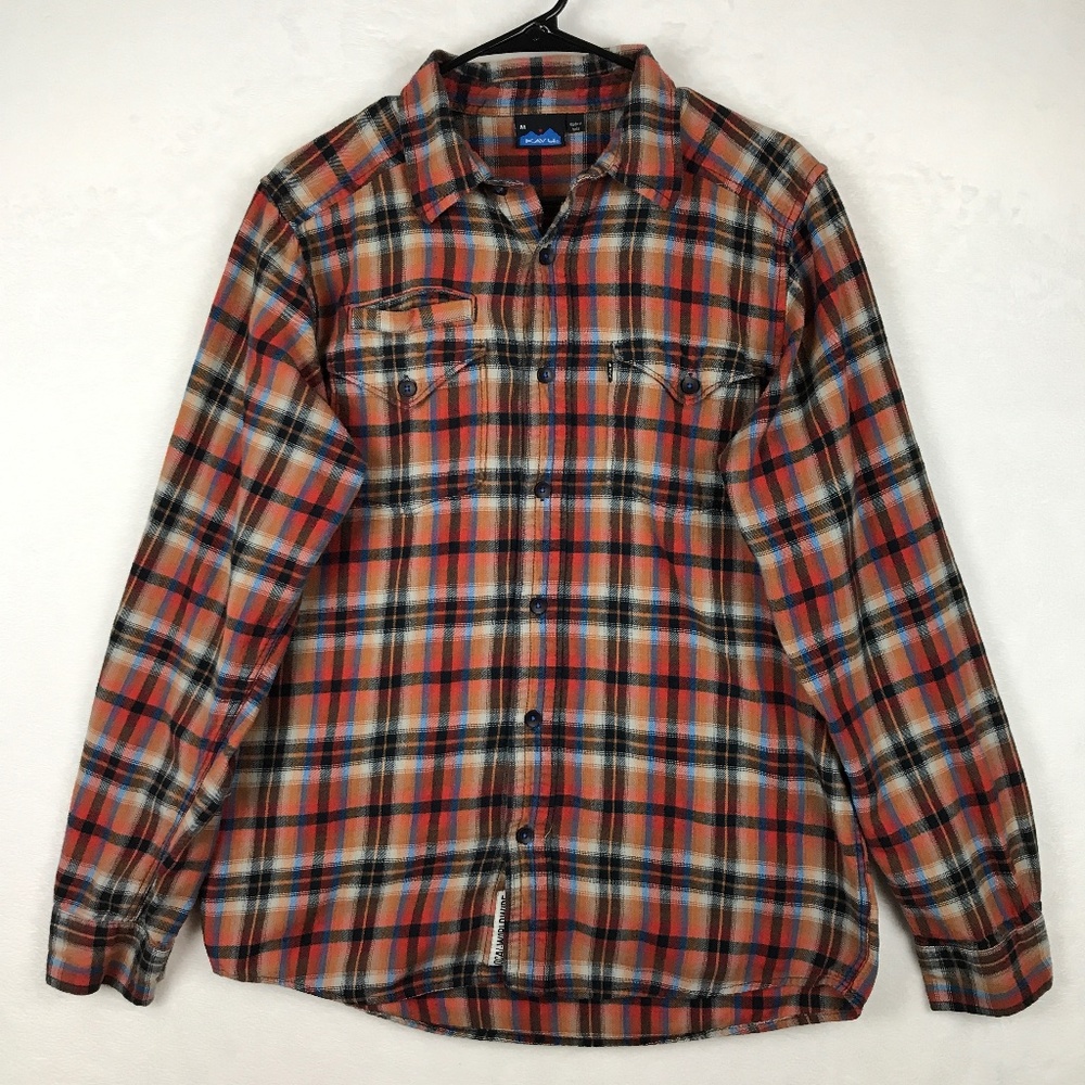 Kavu Flannel Long Sleeve Button Down Shirt Mens Size Medium Orange Plaid